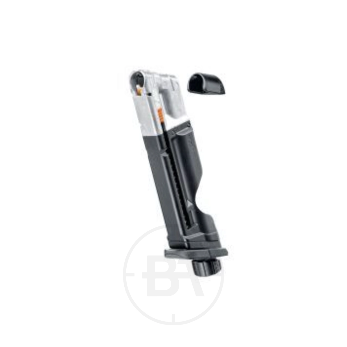 Umarex T4E Glock 17 Gen5 8 Round .43 Quick Piercing Magazine 1 A black and transparent .43 Calibre loader with knob and removable cap, shown on white—ideal for fast reloading of your Glock 17 Gen5 Spare .43 Calibre Paintball Magazine.