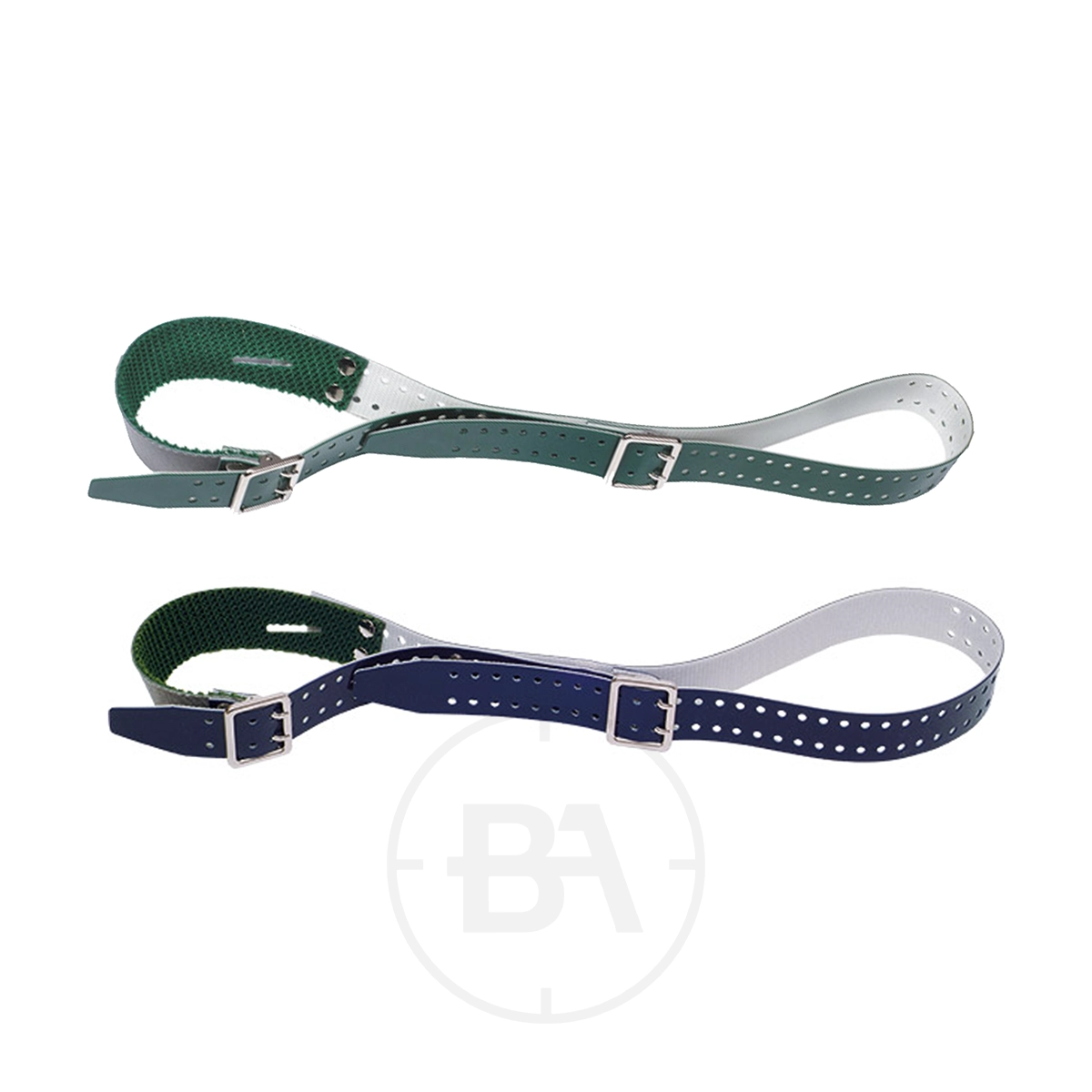 Gehmann Shooting Sling 1 Two Gehmann Shooting Slings, each with perforated leather and metal buckles—one in green/gray, the other blue/white—are displayed on a white background.