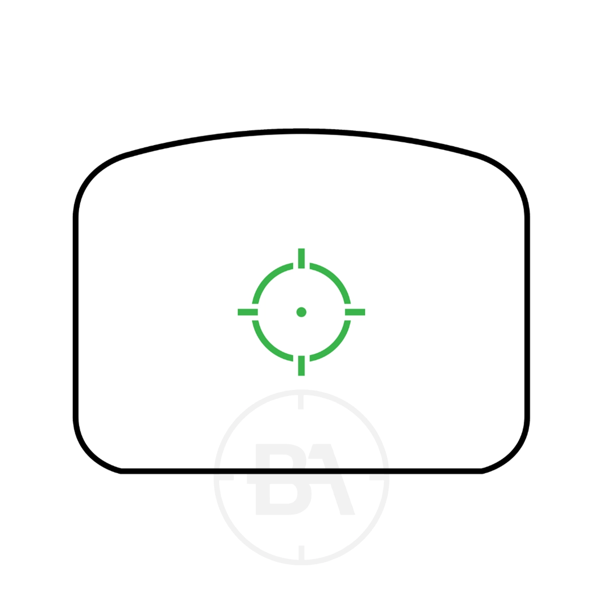 Hawke Endurance Reflex Sight 3 MOA Dot With Picatinny / Weaver Mount 5 A simple black rounded rectangle contains a green 3 MOA dot crosshair, referencing the Hawke Endurance Reflex Sight 3 MOA Dot With Picatinny / Weaver Rail. A faint grey "BA" logo in a circle is positioned below the crosshair.