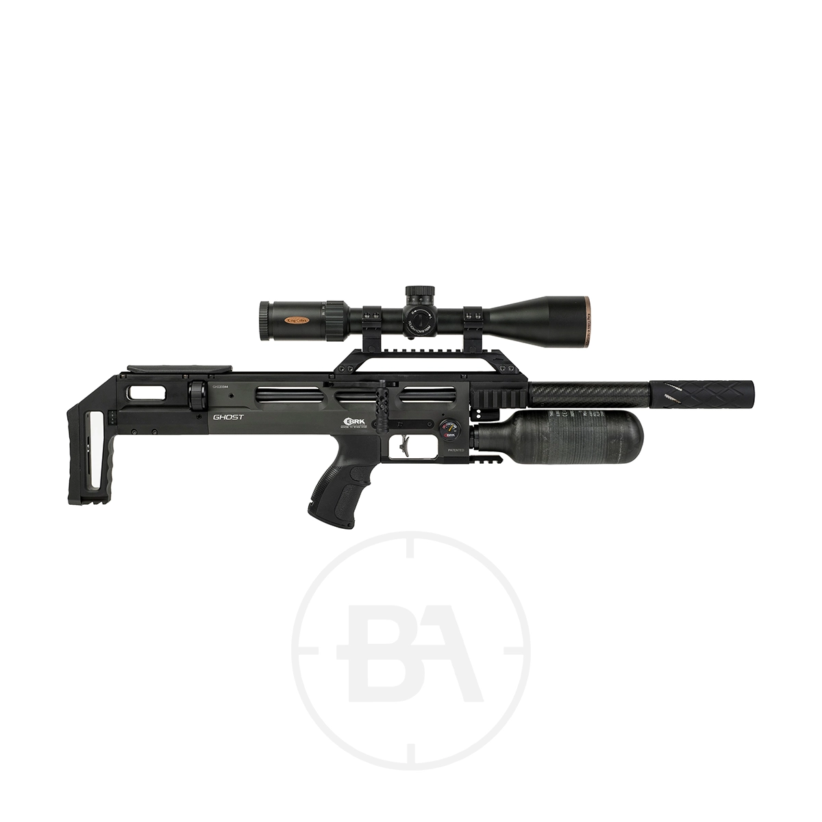 NEW Brocock BRK Ghost Carbine PCP Air Rifle .177 1 A NEW Brocock BRK Ghost Carbine PCP Air Rifle .177 with mounted scope, adjustable stock, and large air cylinder is shown on a white background with a faint “BA” watermark.