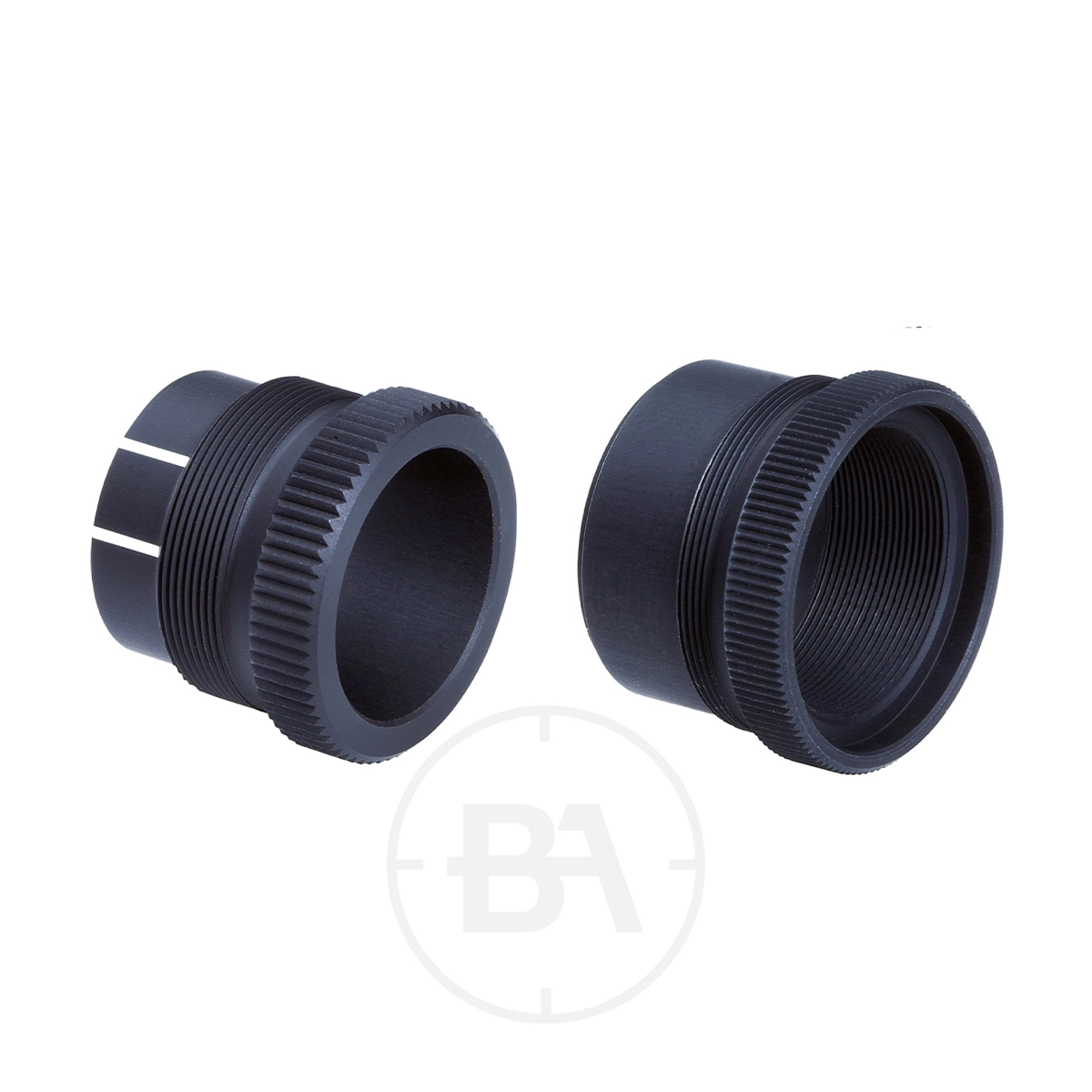 547 & 547-22 Element Grip Collar 1 The 547 & 547-22 Element Grip Collar black metal adapter rings, with threaded interiors and textured grips, are shown side by side on a white background.