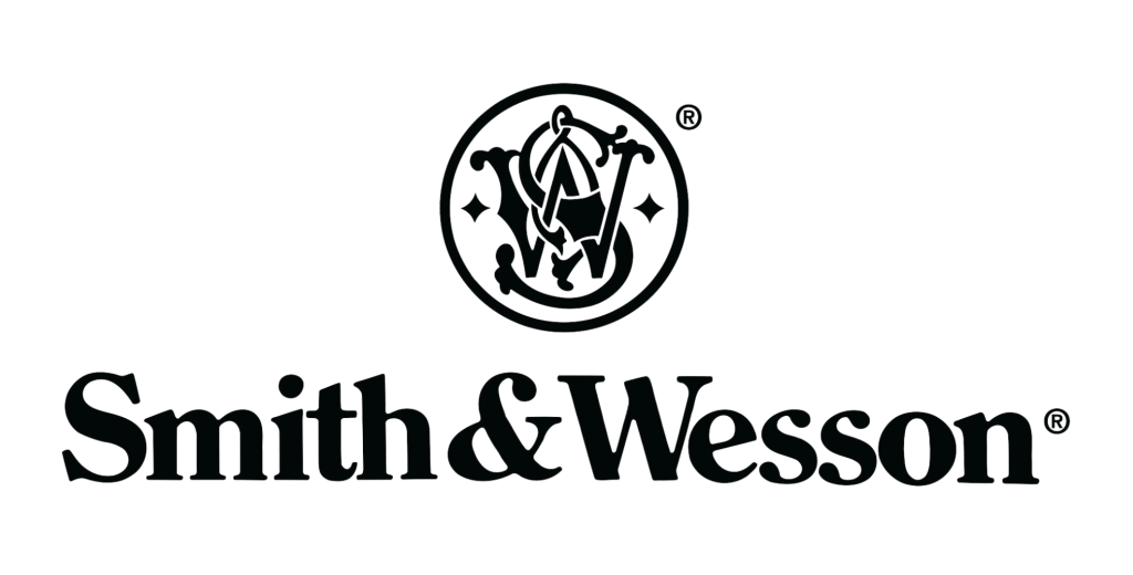 Smith & Wesson logo featuring the company name in bold text below a circular emblem with stylized initials and decorative elements.