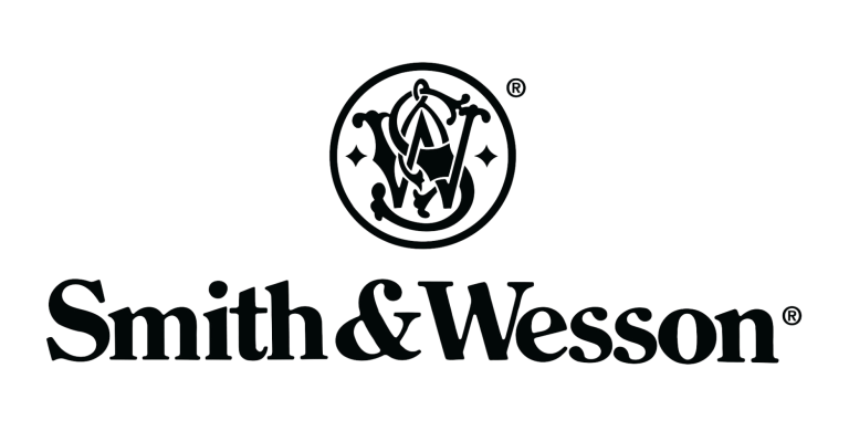 Smith & Wesson logo featuring the company name in bold text below a circular emblem with stylized initials and decorative elements.