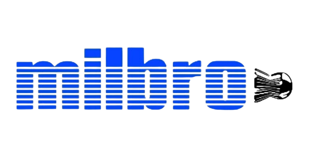 The word "milbro" in blue, striped block letters, with a black, outlined hand holding a slingshot replacing the letter "o," all on a black background.