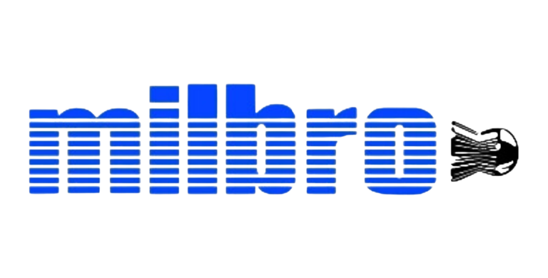The word "milbro" in blue, striped block letters, with a black, outlined hand holding a slingshot replacing the letter "o," all on a black background.