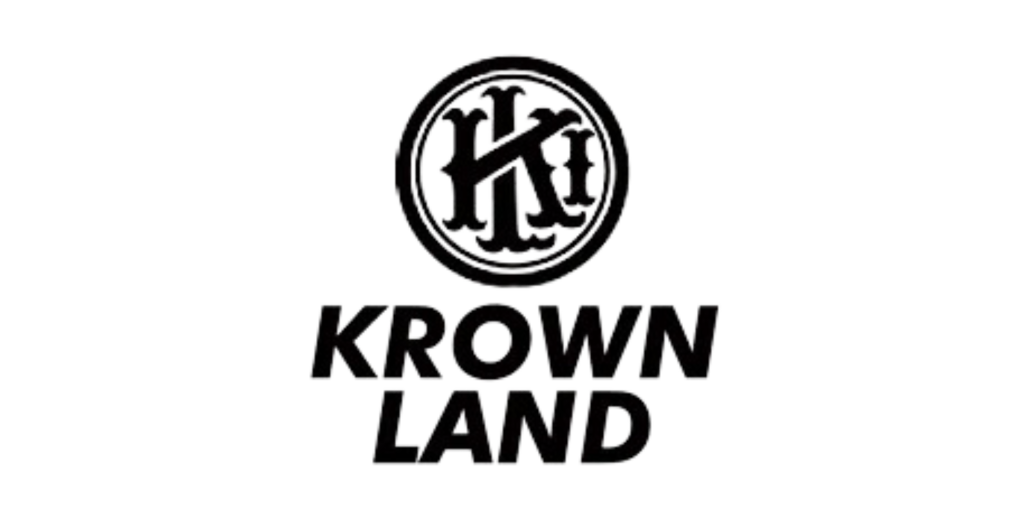 The image shows a circular logo with a stylized "K" inside, above the text "KROWN LAND" in bold capital letters.