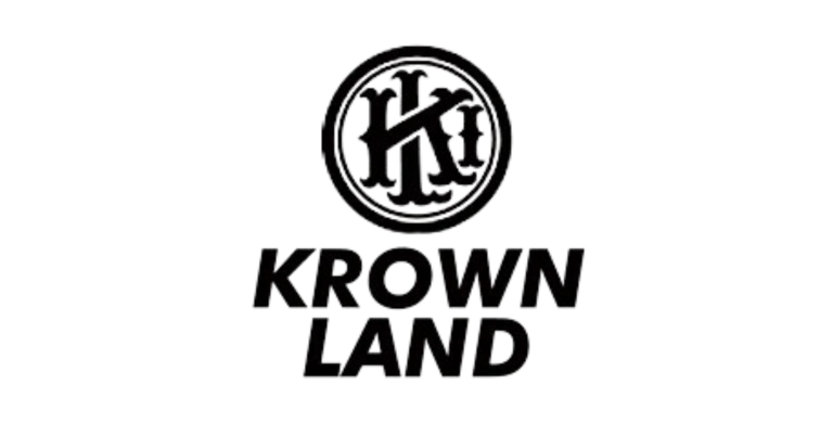 The image shows a circular logo with a stylized "K" inside, above the text "KROWN LAND" in bold capital letters.