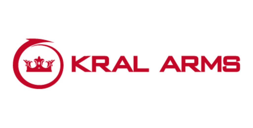 Red "KRAL ARMS" logo featuring a stylized crown inside a circular design on a transparent background.