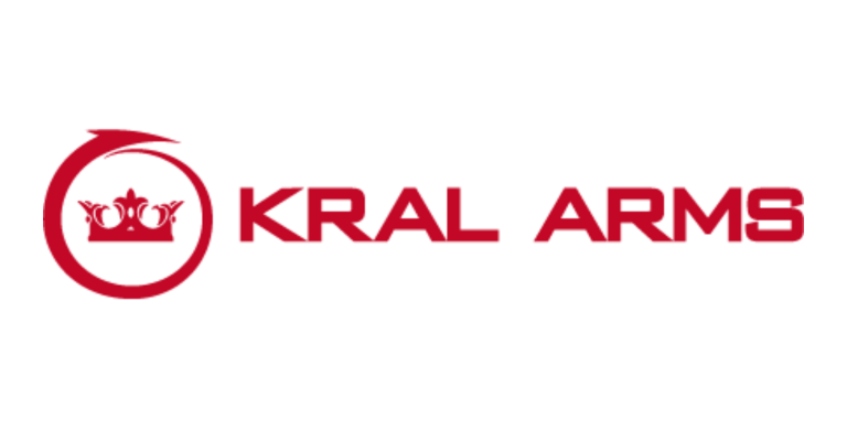 Red "KRAL ARMS" logo featuring a stylized crown inside a circular design on a transparent background.