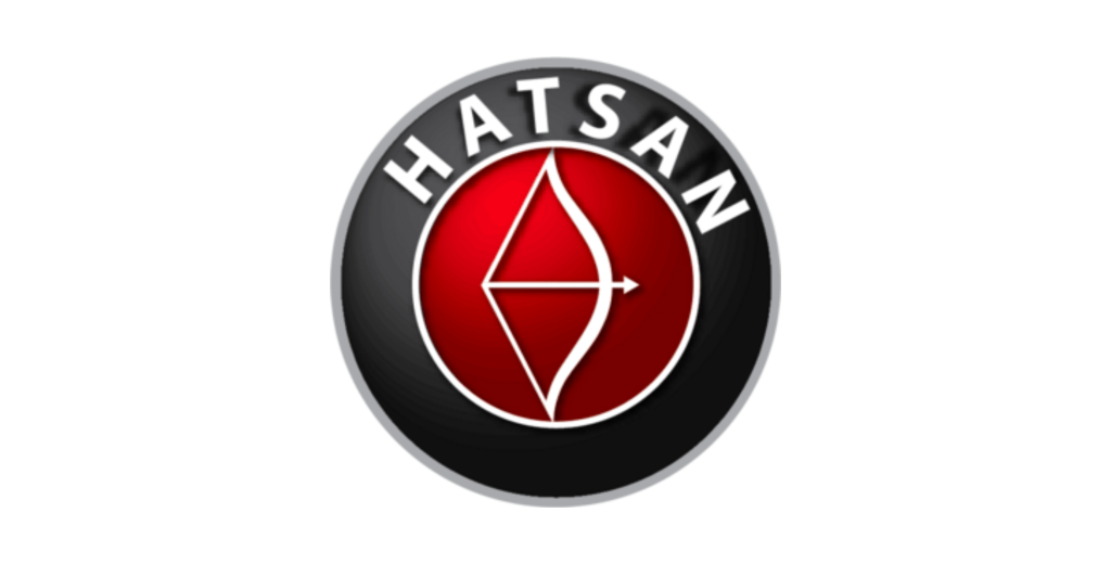 The Hatsan logo featuring a white bow and arrow design on a red circle, with the word "HATSAN" in bold white letters on a black outer ring.