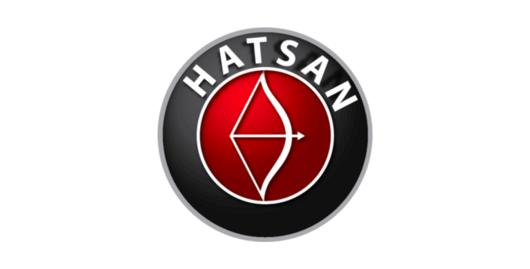 The Hatsan logo featuring a white bow and arrow design on a red circle, with the word "HATSAN" in bold white letters on a black outer ring.
