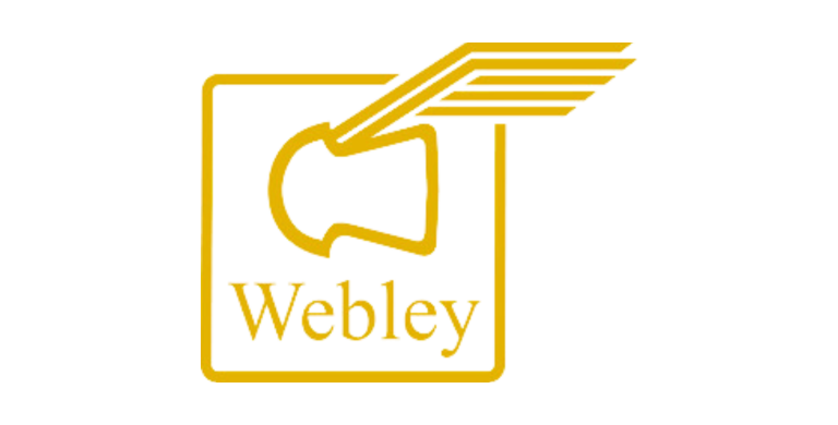 A yellow outline of a revolver with three lines extending from the barrel, enclosed in a square, with the word "Webley" below the image.