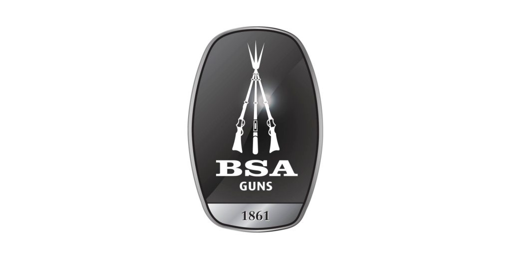 A black and silver badge features three crossed rifles above the text "BSA GUNS," with "1861" displayed at the bottom.