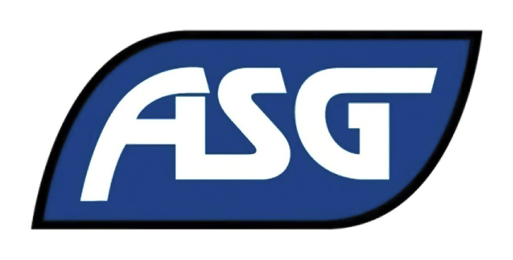 ASG logo featuring bold, white letters on a blue, leaf-shaped background outlined in black.