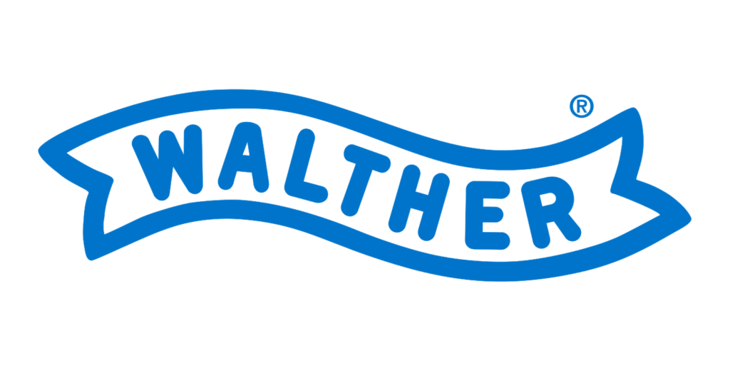 The image shows the Walther logo, featuring the word "WALTHER" in bold blue letters inside a wavy blue banner outline.