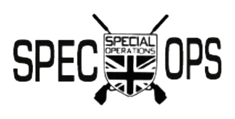 Logo with the text "SPEC OPS" and a central shield reading "Special Operations," featuring a Union Jack flag and two crossed rifles behind the shield.