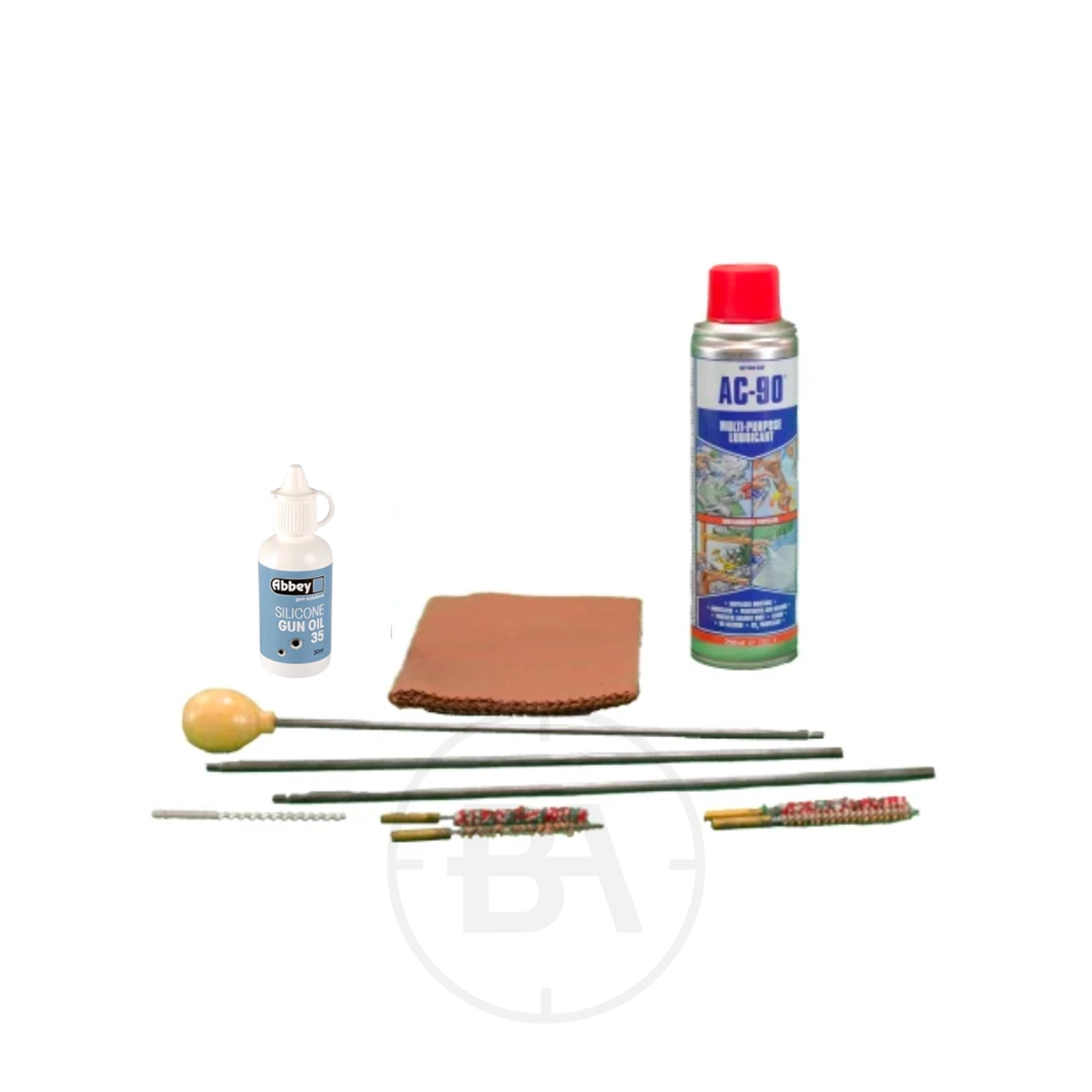 Air Rifle & Pistol Care Kit 1 A gun cleaning kit with cleaning rods, a brown cloth, silicone gun oil, a can of AC-90 spray, and various brushes and attachments arranged on a white background.