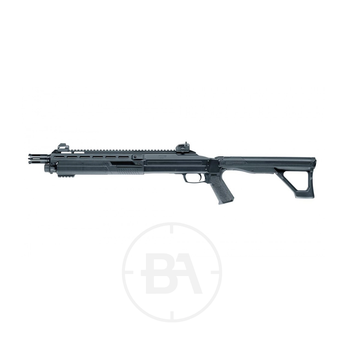 Umarex T4E HDX 68 C02 Pump Action Shotgun Paintball Marker 3 The Umarex T4E HDX 68 CO2 Pump Action Paintball Marker, featuring a black tactical design with pistol grip, adjustable stock, and rail system, is displayed on a white background.