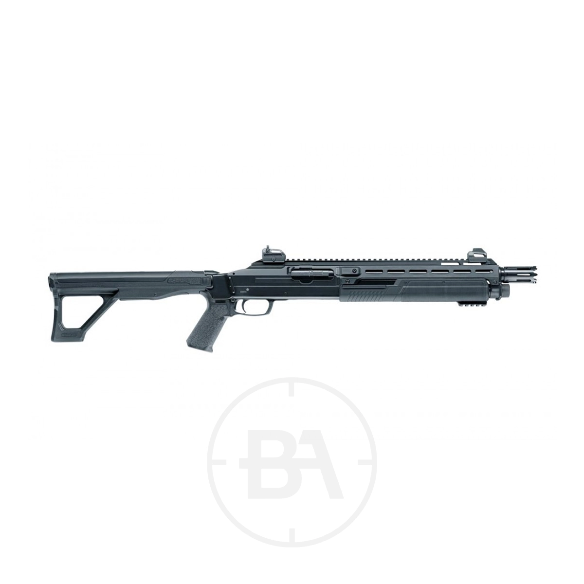 Umarex T4E HDX 68 C02 Pump Action Shotgun Paintball Marker 1 A black Umarex T4E HDX 68 CO2 pump-action paintball marker with a collapsible stock and rail system is shown in side profile on a white background.