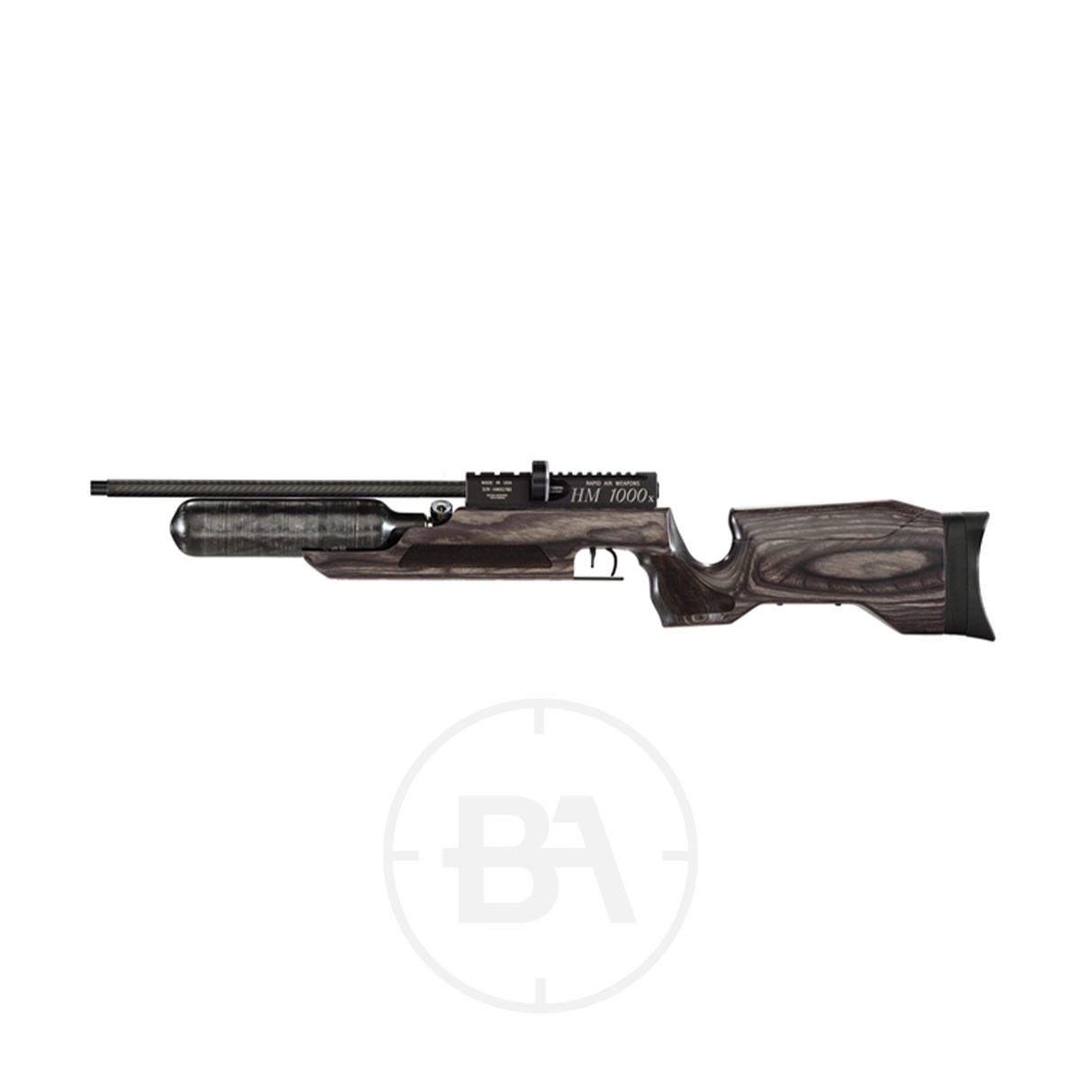 RAW HM1000x Regulated PCP Air Rifle With Hard Case 9 Side view of a black and brown RAW HM1000x regulated PCP air rifle with a wooden stock and mounted air cylinder, displayed on a white background.
