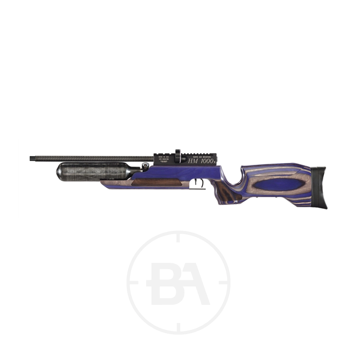 RAW HM1000x Regulated PCP Air Rifle With Hard Case 7 Side view of a RAW HM1000x regulated PCP air rifle with a wood and blue laminate stock, mounted scope rail, large air cylinder, and adjustable buttplate, displayed on a white background.
