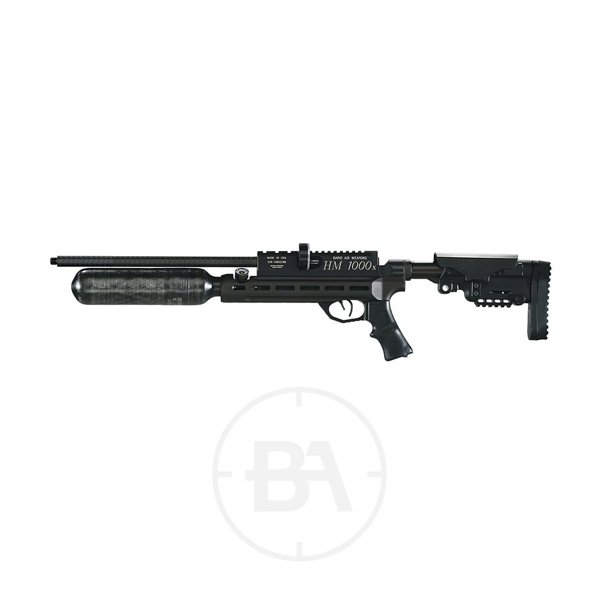RAW HM1000x Regulated PCP Air Rifle With Hard Case 3 Side view of a RAW HM1000x regulated PCP air rifle with a pressurized air tank beneath the barrel, adjustable stock, and picatinny rail on top, displayed on a white background.