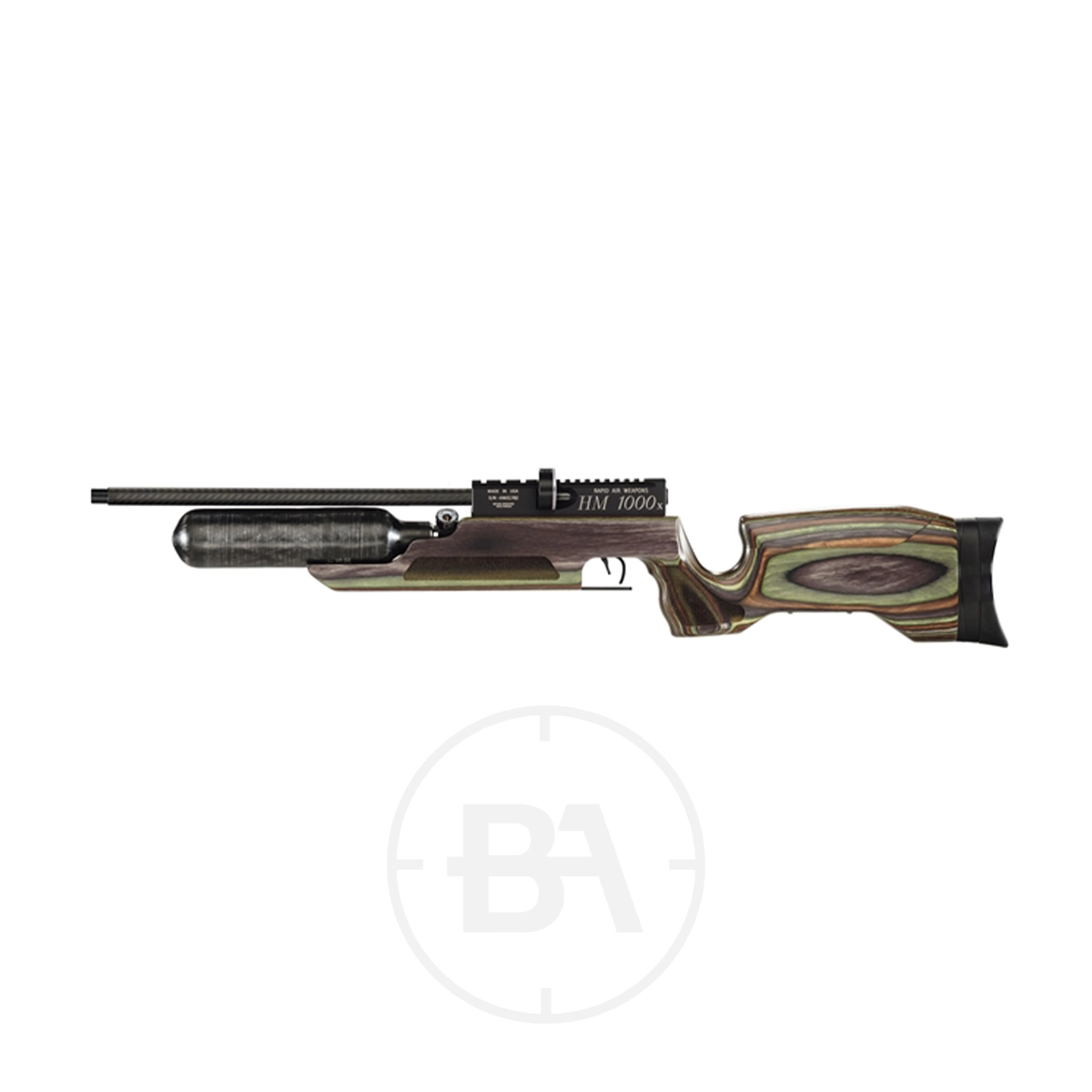 RAW HM1000x Regulated PCP Air Rifle With Hard Case 11 Side view of the HM1000x Regulated PCP Air Rifle with a wooden stock, metal barrel, and attached air cylinder, displayed on a white background. Comes with a durable hard case for secure transport.