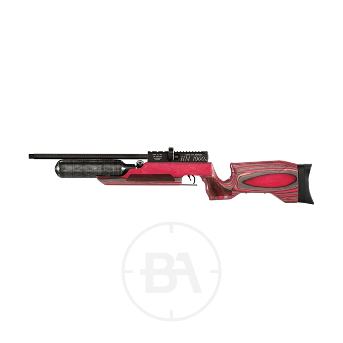 RAW HM1000x Regulated PCP Air Rifle With Hard Case 5 Side view of a red and black RAW HM1000x regulated PCP air rifle with a wooden stock and large under-barrel air cylinder against a white background.
