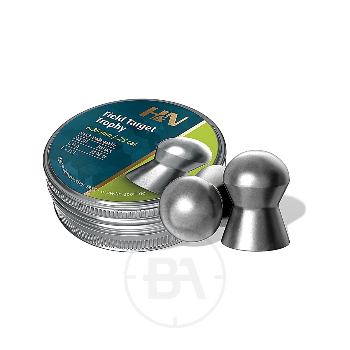 H&N Field Target Trophy .25 20.06gr (x200) 1 A tin of H&N Field Target Trophy .25 Calibre Pellets (20.06gr) is displayed next to three upright metallic pellets on a white background.