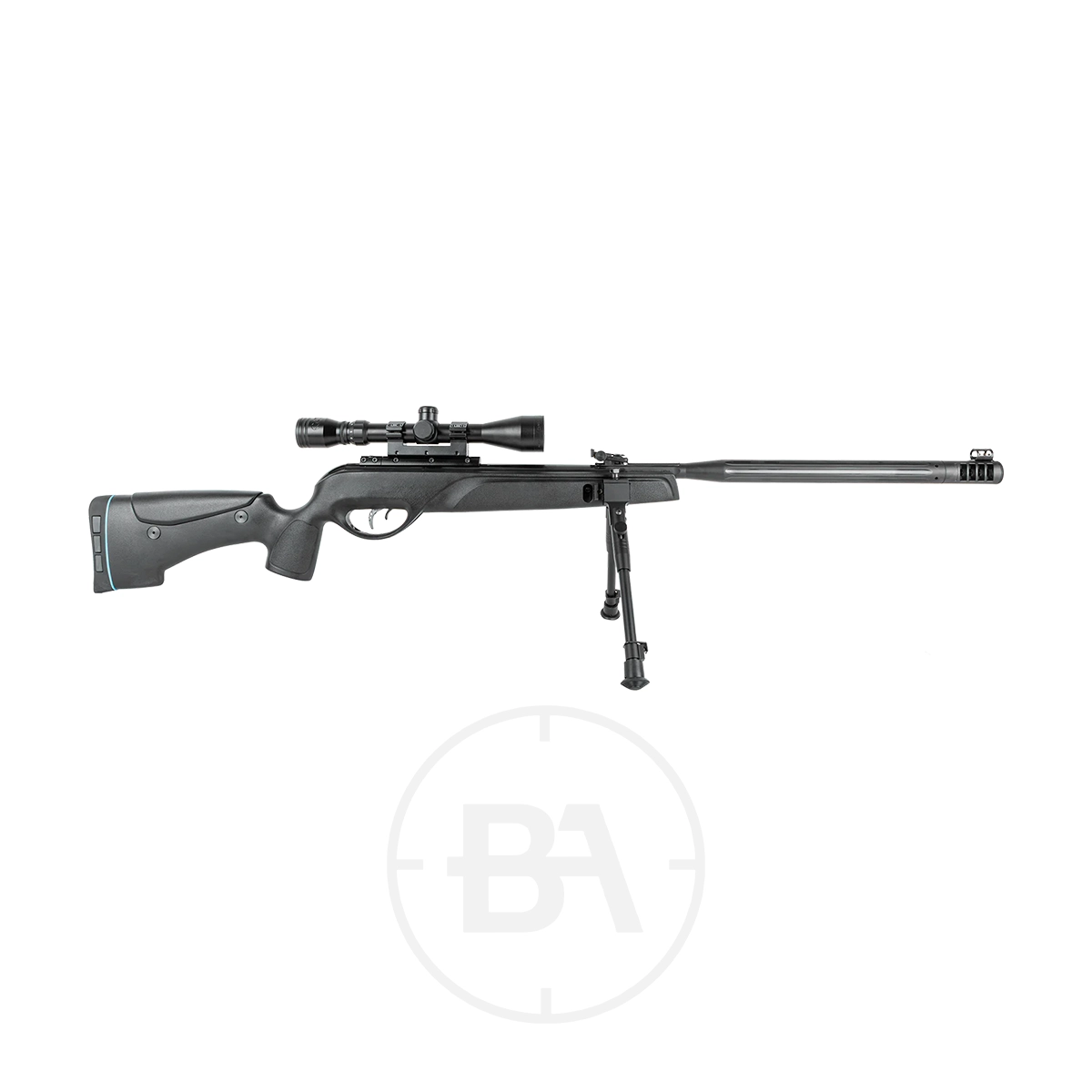 Gamo HPA Mi Tactical Gas Ram Air Rifle With Scope & Bipod 1 The Gamo HPA Mi Tactical Gas Ram Air Rifle with Scope & Bipod in sleek black, displayed side view on a white background.