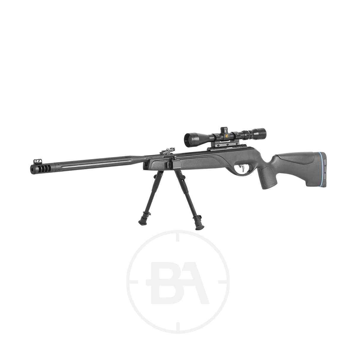 Gamo HPA Mi Tactical Gas Ram Air Rifle With Scope & Bipod 3 The Gamo HPA Mi Tactical Gas Ram Air Rifle, shown in black with a mounted scope and attached bipod, is displayed against a white background.