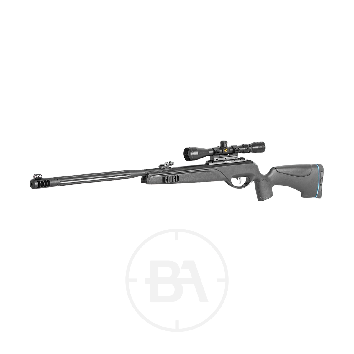 Gamo HPA Mi Tactical Gas Ram Air Rifle With Scope & Bipod 5 A Gamo HPA Mi Tactical Gas Ram Air Rifle with scope and bipod, featuring a synthetic stock and blue-accented recoil pad, is shown on a white background.