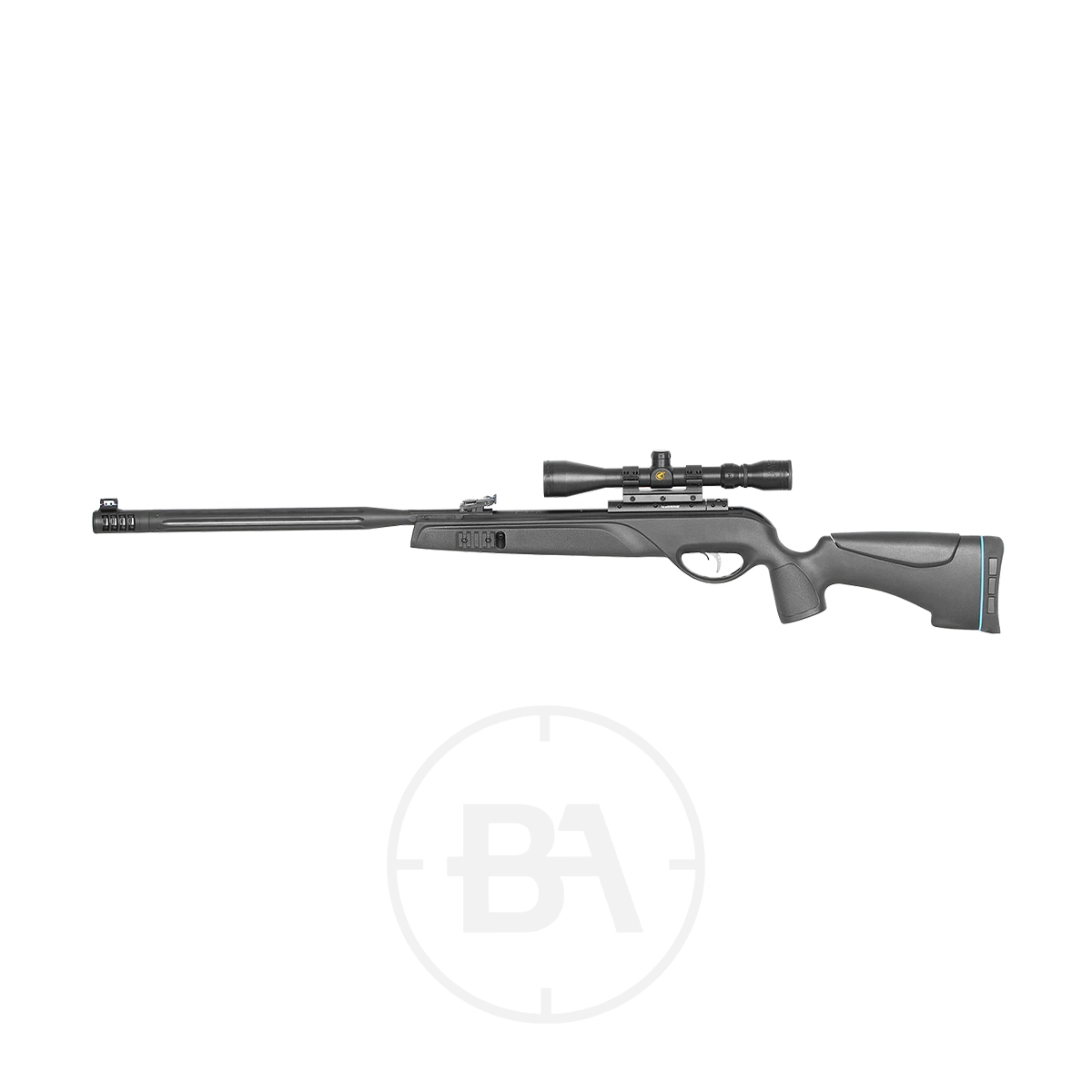 Gamo HPA Mi Tactical Gas Ram Air Rifle With Scope & Bipod 7 The Gamo HPA Mi Tactical Gas Ram Air Rifle with scope and bipod, featuring a synthetic stock and long barrel in black, is displayed on a white background.