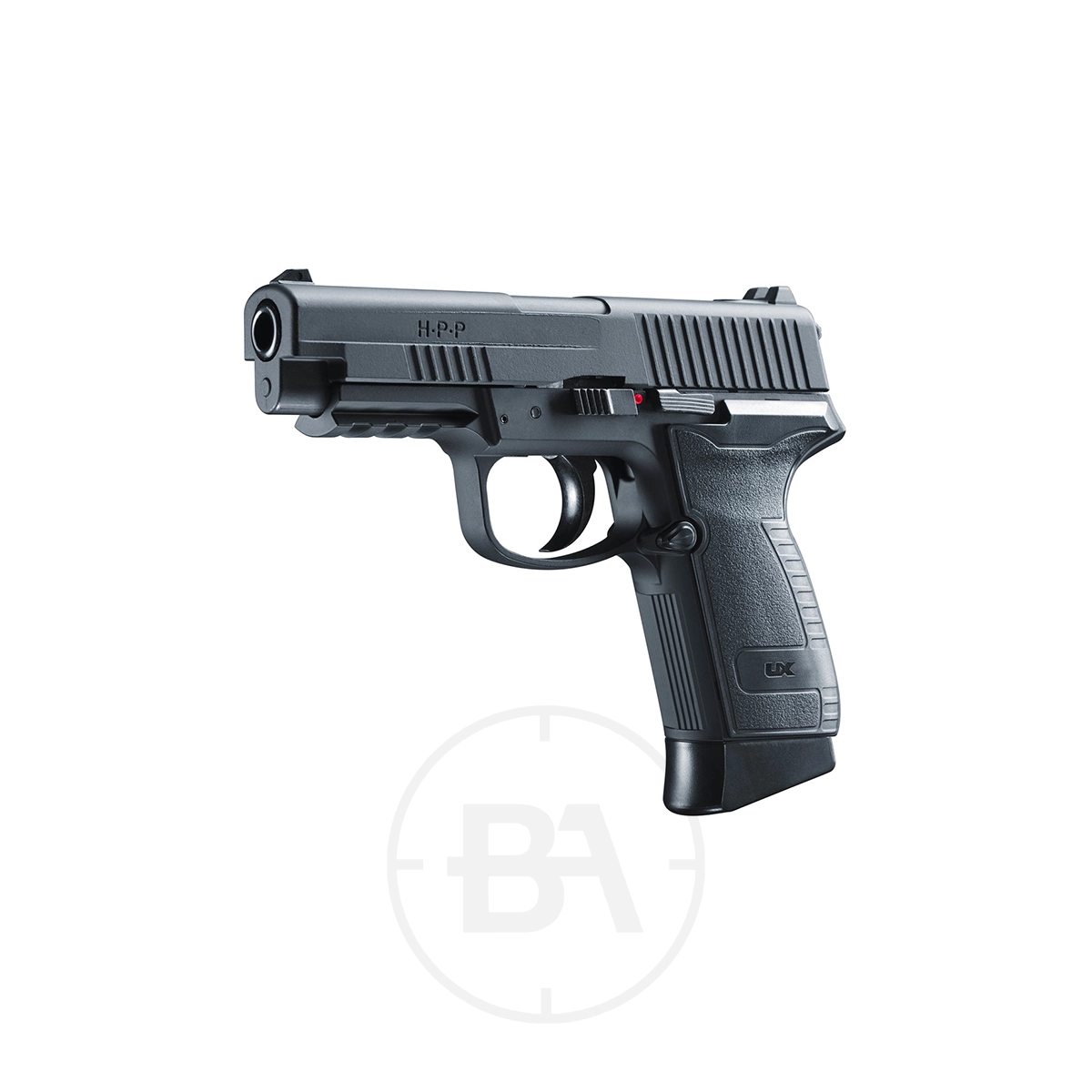 Umarex UX HPP CO2 BB Pistol 3 The Umarex UX HPP CO2 BB Pistol in black is displayed against a plain white background, angled slightly to the left.