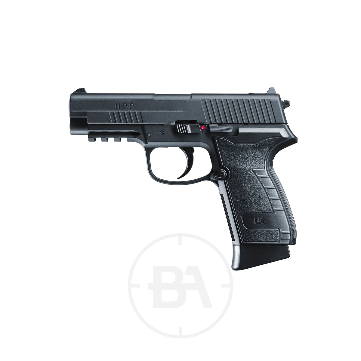 Umarex UX HPP CO2 BB Pistol 1 The Umarex UX HPP CO2 BB Pistol features a textured grip and visible safety switch, shown here in black on a white background.