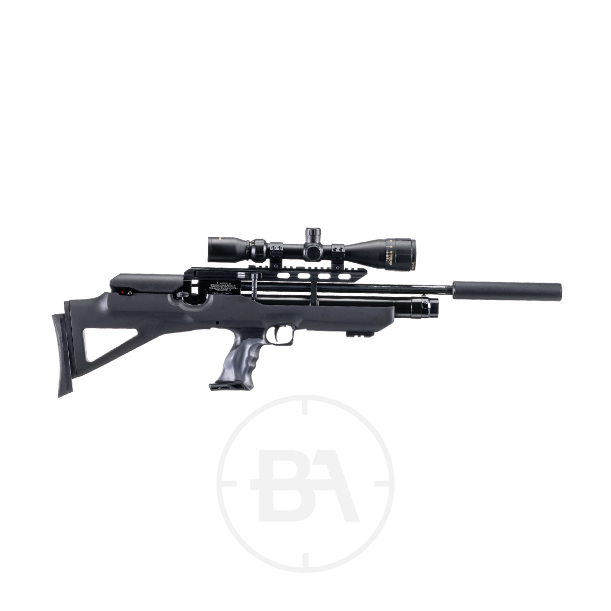 NEW Weihrauch HW100 BP PCP Air Rifle .177 1 The NEW Weihrauch HW100 BP PCP Air Rifle .177 features a modern black tactical design with scope, silencer, and ergonomically designed synthetic stock, offering precision and reliability for target shooters. Displayed on a white background.