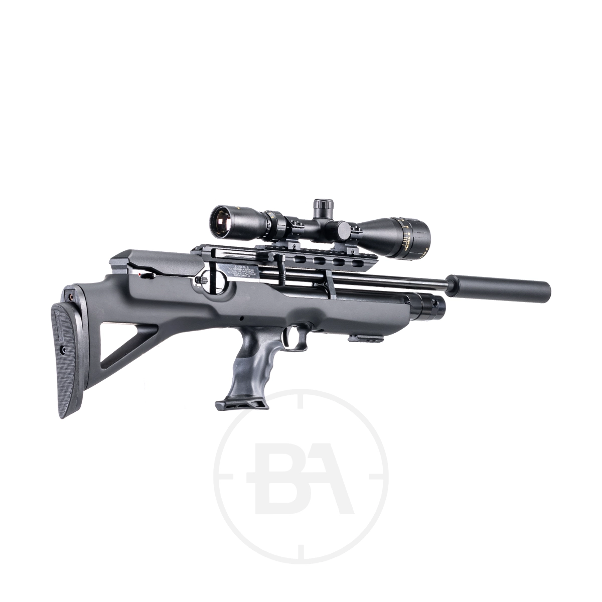 NEW Weihrauch HW100 BP PCP Air Rifle .177 5 The NEW Weihrauch HW100 BP PCP Air Rifle .177 in black, featuring a scope, tactical stock, and moderator, is displayed angled against a white background to highlight its advanced features and modern design.