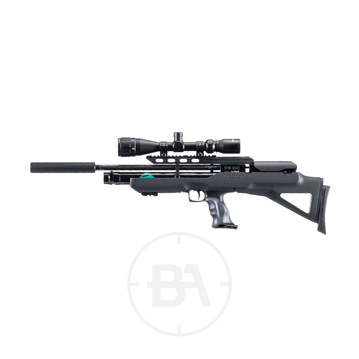 NEW Weihrauch HW100 BP PCP Air Rifle .177 3 A NEW Weihrauch HW100 BP PCP Air Rifle .177 with a mounted scope and silencer, featuring a modern design and ergonomic grip, is displayed on a white background.