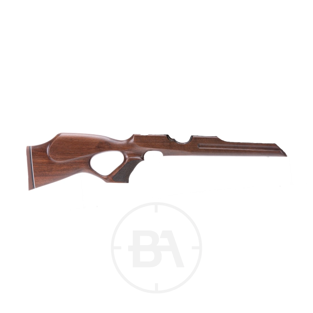 Weihrauch HW100 Walnut Thumbhole Stock 1 Weihrauch Standard Thumbhole Walnut Stock - HW100 features a thumbhole grip and rail grooves, shown isolated on a white background.