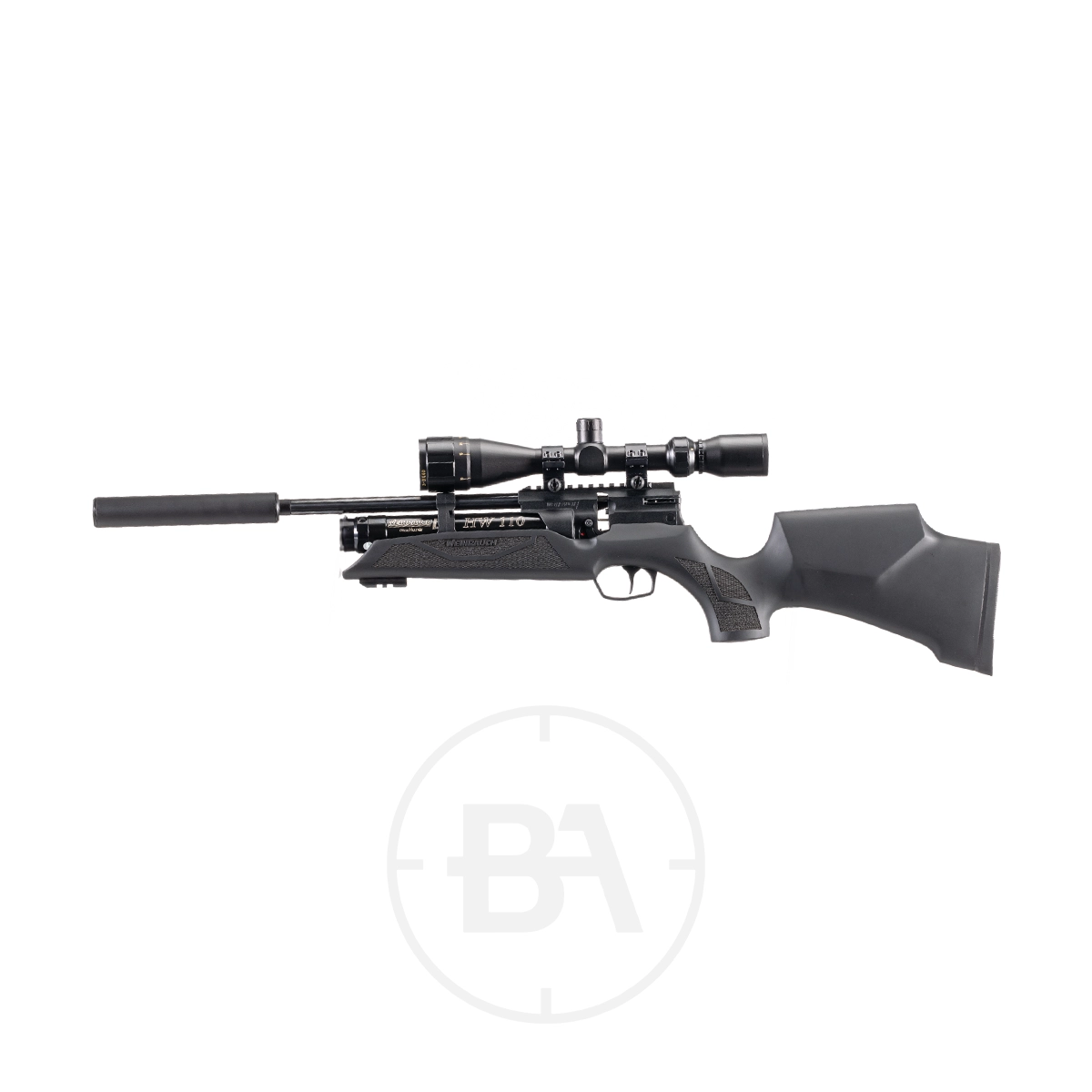 Weihrauch HW110 K PCP Air Rifle 3 The Weihrauch HW110 K PCP Air Rifle, in black, comes with a scope and silencer, features a tactical stock and textured grip, and is displayed on a white background.
