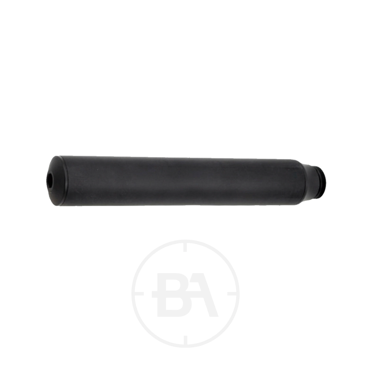 Weihrauch Model-Specific Factory Fit Silencer 5 A cylindrical black Weihrauch silencer with a matt finish, viewed from the side against a plain white background.