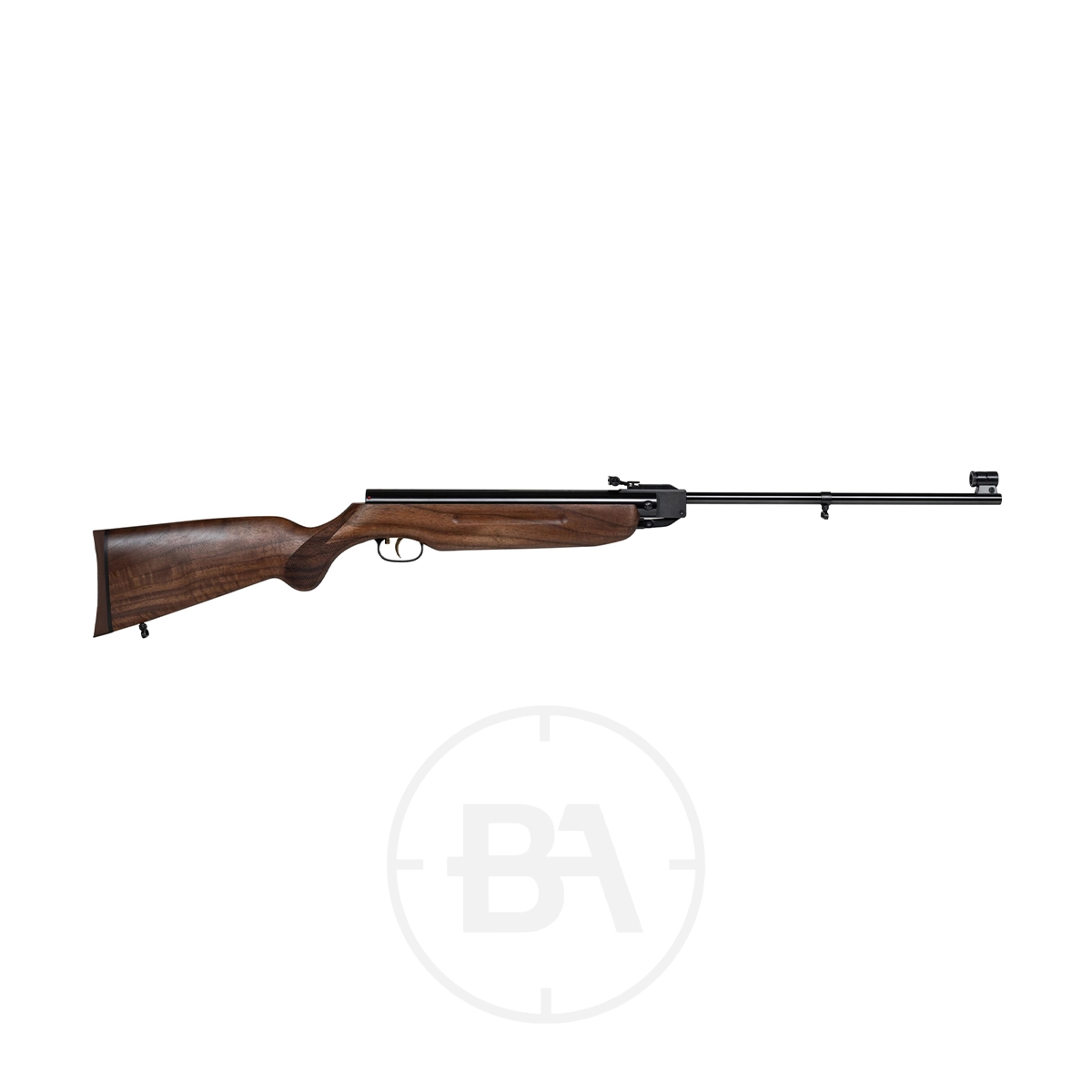Weihrauch HW35 Spring Air Rifle 75th Anniversary Edition 1 A side view of the Weihrauch HW35 Spring Air Rifle 75th Anniversary Edition with a classic wooden stock, trigger, and long barrel, displayed on a white background.