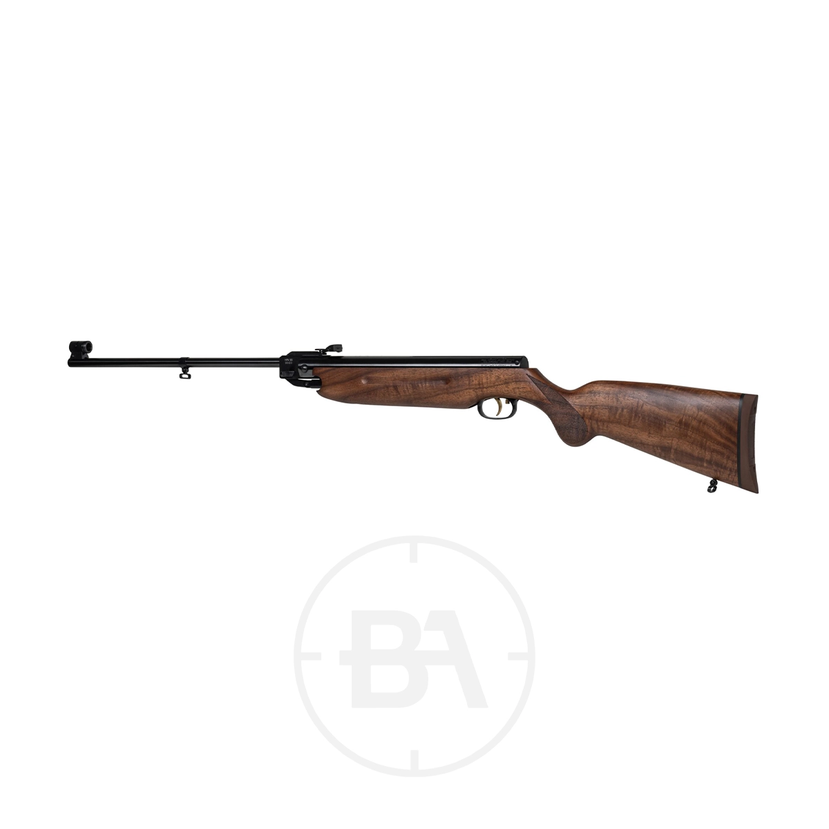 Weihrauch HW35 Spring Air Rifle 75th Anniversary Edition 2 A side view of the Weihrauch HW35 Spring Air Rifle 75th Anniversary Edition, featuring a wooden stock and black barrel, set against a plain white background.
