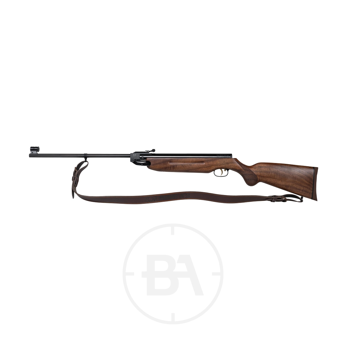 Weihrauch HW35 Spring Air Rifle 75th Anniversary Edition 4 A side view of the Weihrauch HW35 Spring Air Rifle 75th Anniversary Edition, featuring a black barrel and a brown leather shoulder strap, displayed on a white background.