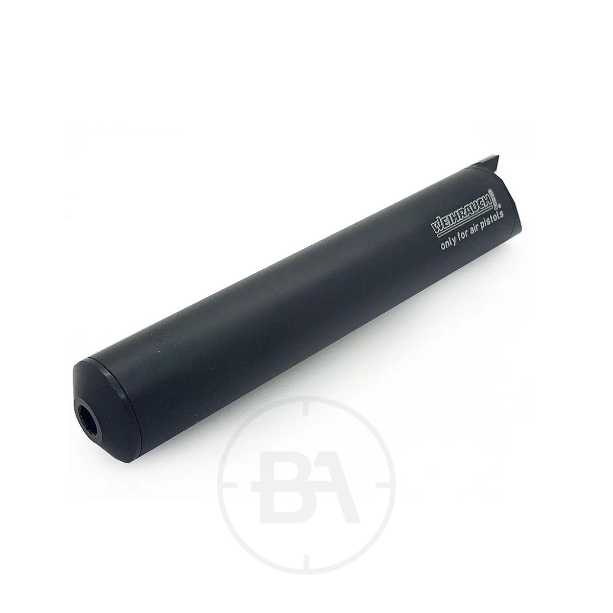 Weihrauch Model-Specific Factory Fit Silencer 3 A black cylindrical Weihrauch silencer, factory fit for HW44 air pistols, with “WEIHRAUCH only for air pistols” printed in white text on the side, displayed on a white background.