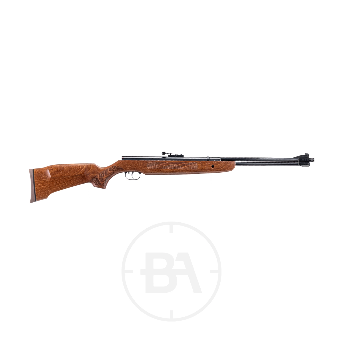 Weihrauch HW57 FTS Spring Air Rifle 1 A side view of the Weihrauch HW57 FTS Field Target Sporter Spring Air Rifle, featuring a sleek wooden stock and metal barrel, perfect for field target shooting, displayed on a white background.