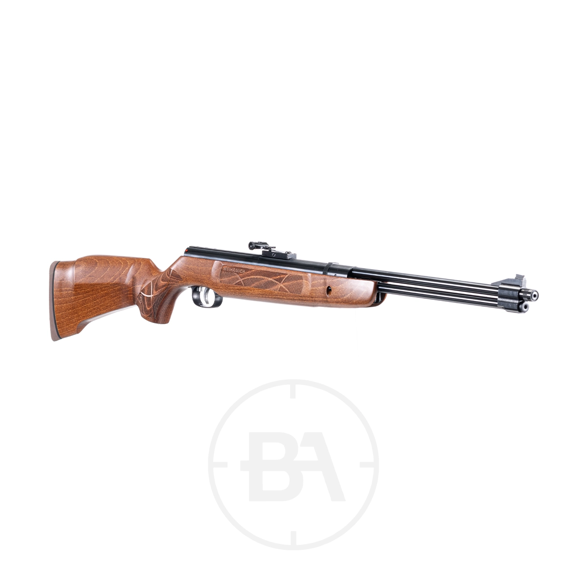 Weihrauch HW57 FTS Spring Air Rifle 3 The Weihrauch HW57 FTS Field Target Sporter Spring Air Rifle features a wooden stock, black barrel, iron sights, and engraved detailing—perfect for field target shooting enthusiasts and shown here on a white background.