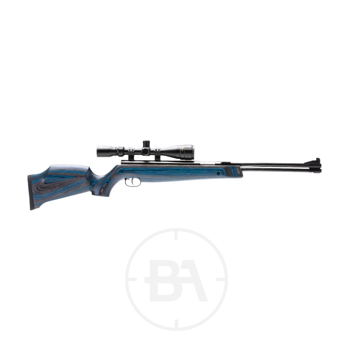 Weihrauch HW77 K Spring Air Rifle 3 Side view of a blue and black Weihrauch HW77 K .177 spring air rifle with a mounted scope, isolated on a white background.
