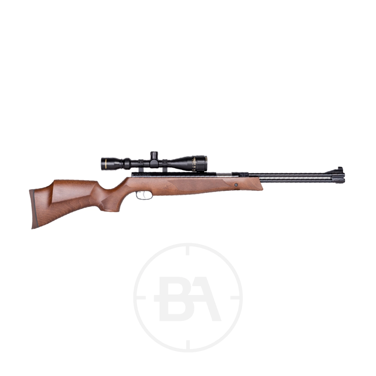 Weihrauch HW77 K Spring Air Rifle 1 A Weihrauch HW77 K .177 spring air rifle with a wooden stock and mounted scope is displayed against a white background.