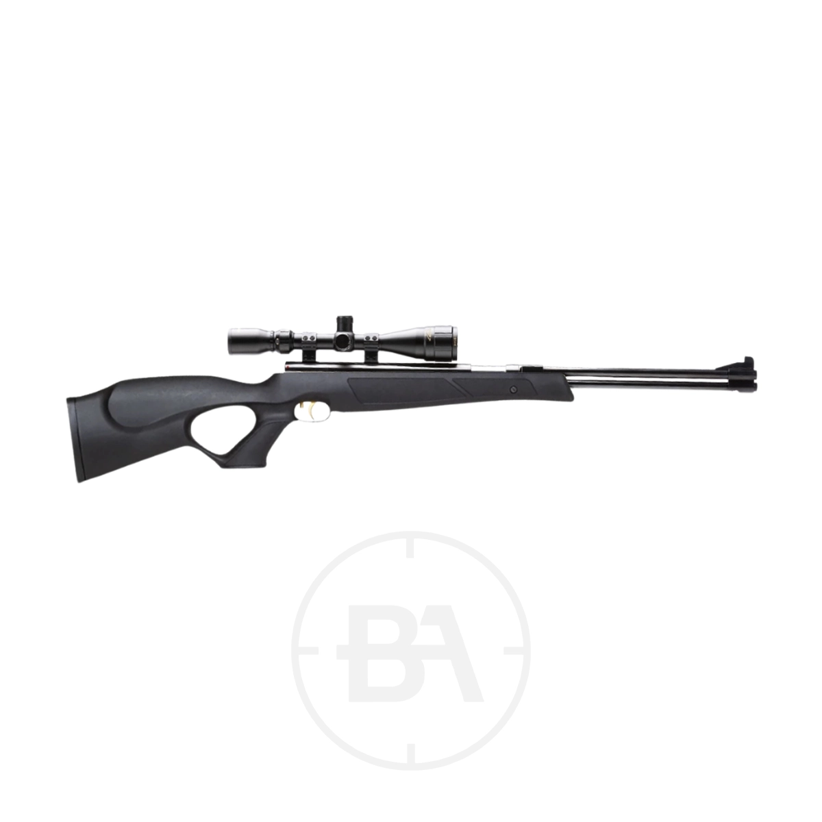 Weihrauch HW77 KT Custom Build Spring Air Rifle 3 Black Weihrauch HW77 KT .177 spring air rifle with a thumbhole stock and mounted scope, displayed on a white background.